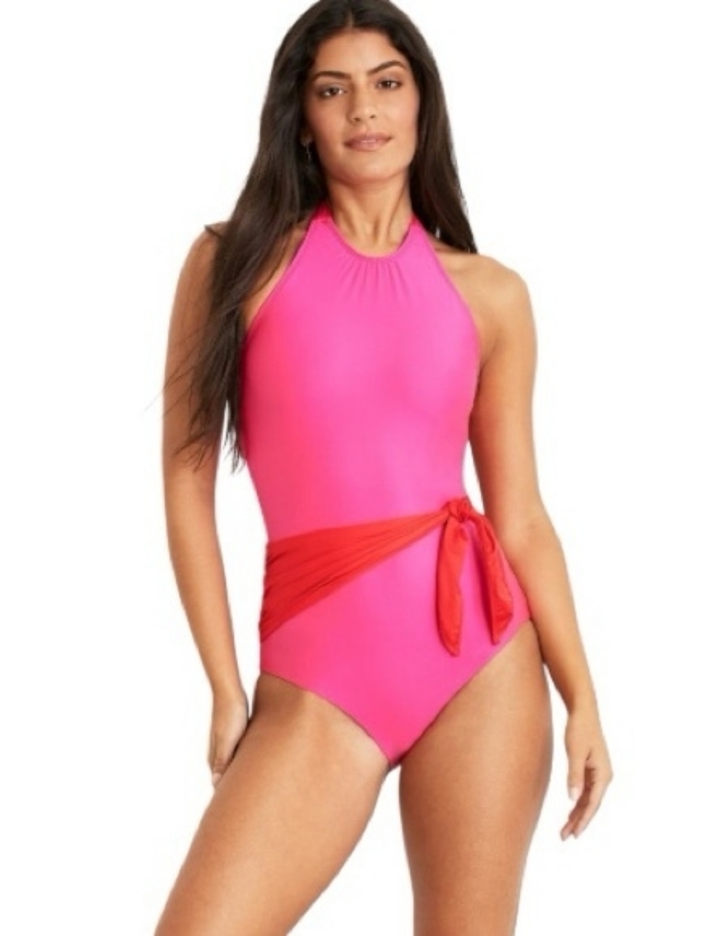 NWT HERMOZA Pink‎ Genevieve High Neck Halter Sash Tie One Piece Swimsuit Size 6